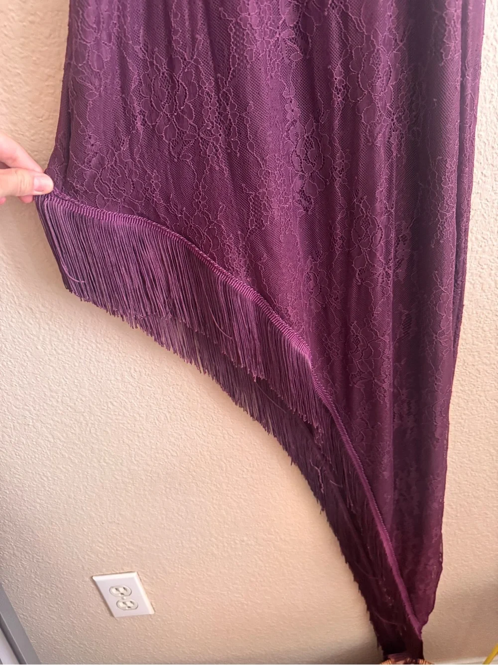 White Fox Boutique Asymmetrical Fringe Skirt in Plum
